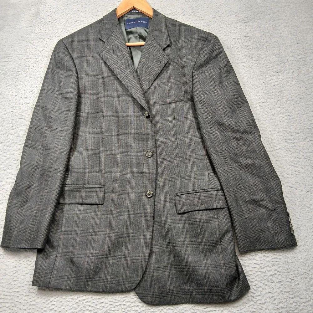 Tommy Hilfiger Blazer Mens 42R Gray Wool Glen Plaid Sport Coat Notch Lapel Lined
